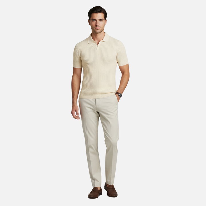 Men's Slim Fit V-Neck Ribbed Polo Shirt with Tailored Collar