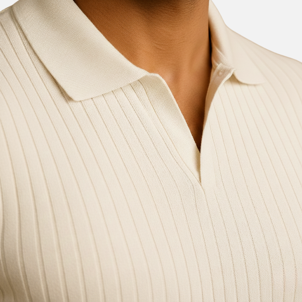 Men's Slim Fit V-Neck Ribbed Polo Shirt with Tailored Collar