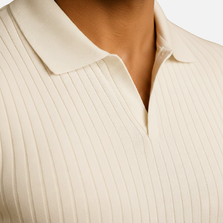 Men's Slim Fit V-Neck Ribbed Polo Shirt with Tailored Collar