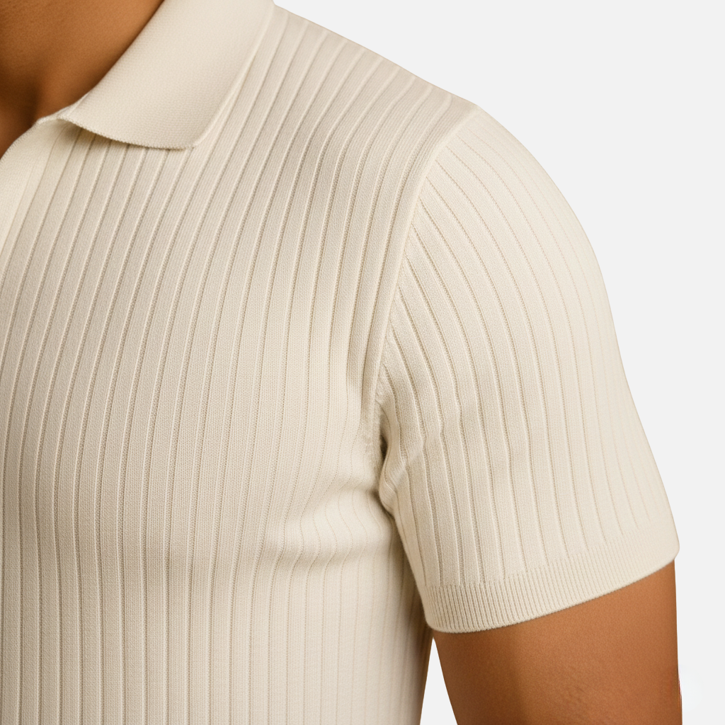 Men's Slim Fit V-Neck Ribbed Polo Shirt with Tailored Collar