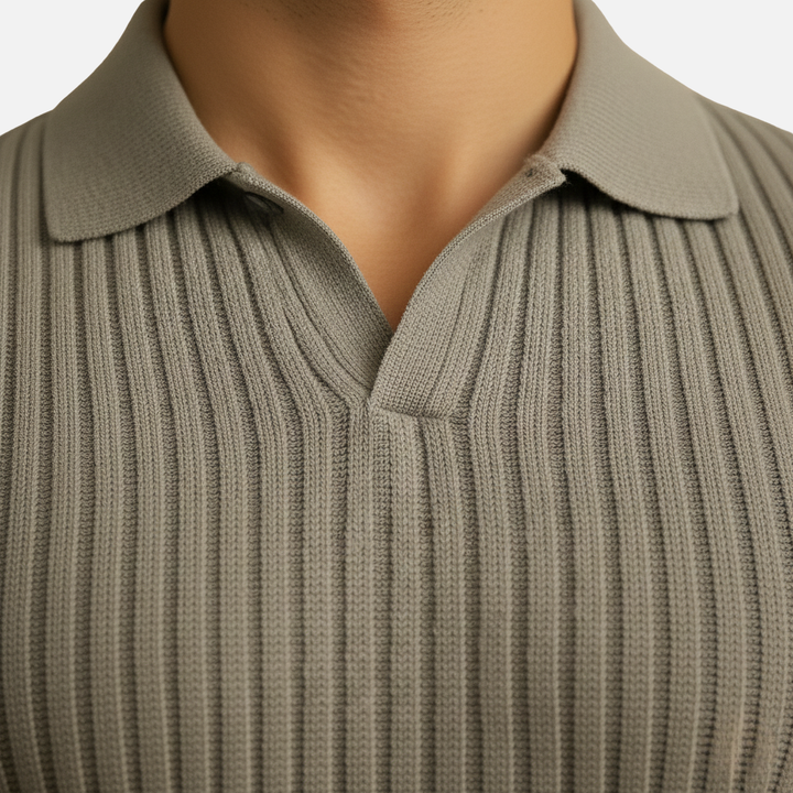 Men's Slim Fit V-Neck Ribbed Polo Shirt with Tailored Collar