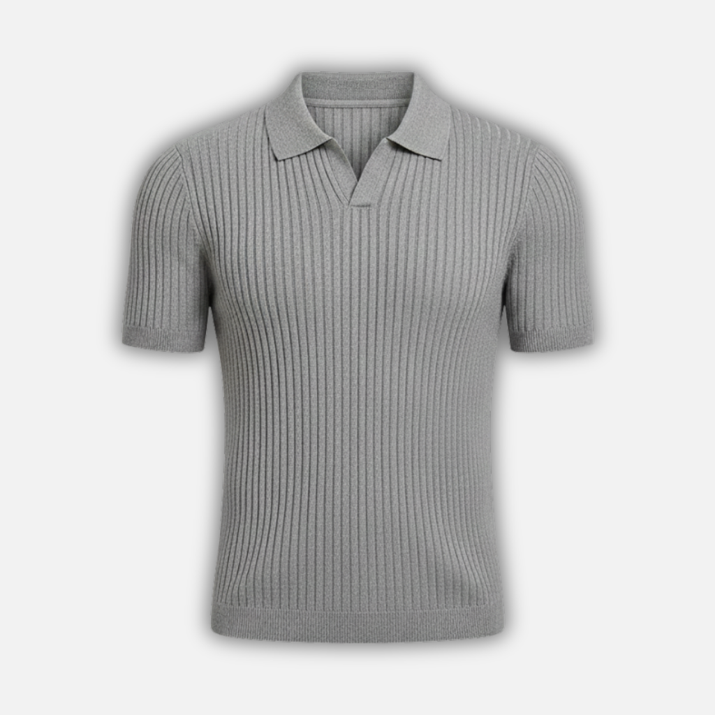 Men's Slim Fit V-Neck Ribbed Polo Shirt with Tailored Collar