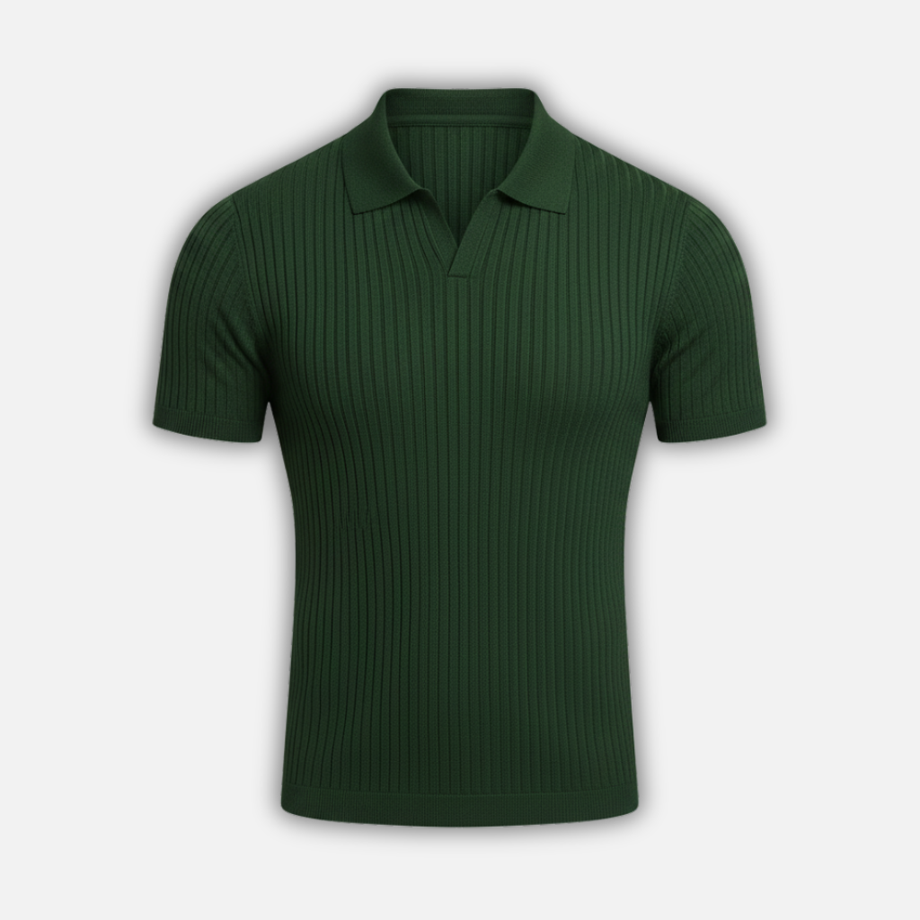 Men's Slim Fit V-Neck Ribbed Polo Shirt with Tailored Collar
