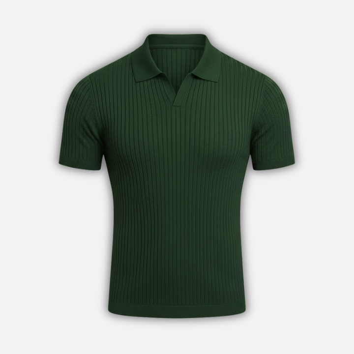 Men's Slim Fit V-Neck Ribbed Polo Shirt with Tailored Collar