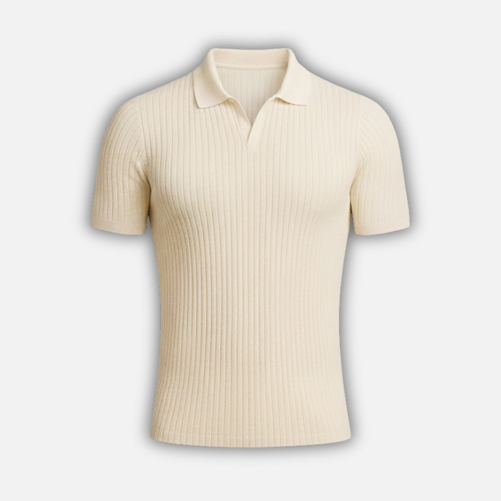 Men's Slim Fit V-Neck Ribbed Polo Shirt with Tailored Collar