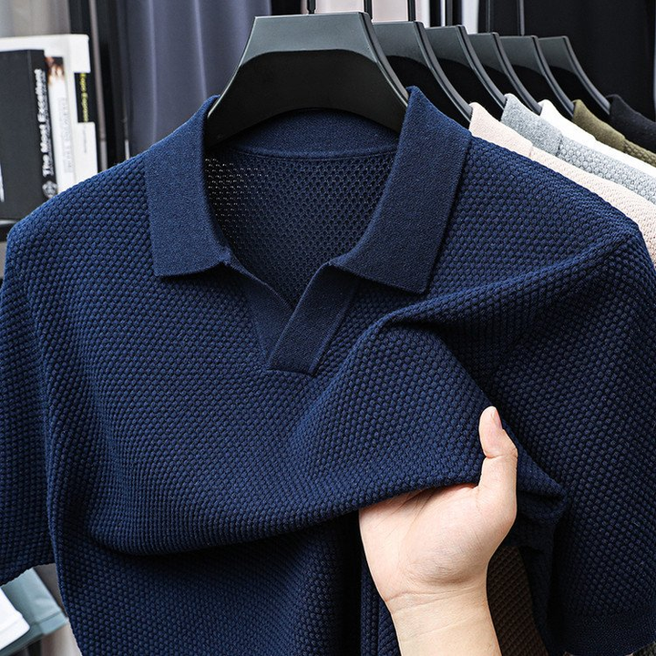 Men's Textured Knit V-Neck Polo with Spread Collar