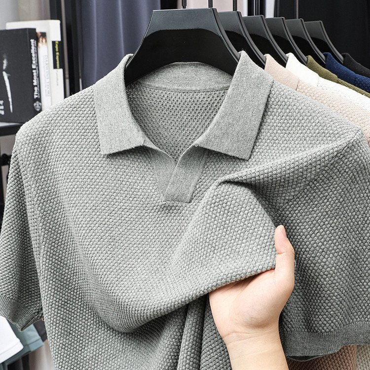 Men's Textured Knit V-Neck Polo with Spread Collar