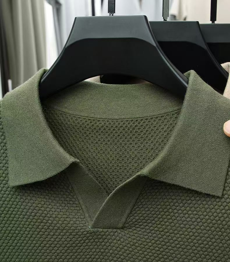 Men's Textured Knit V-Neck Polo with Spread Collar