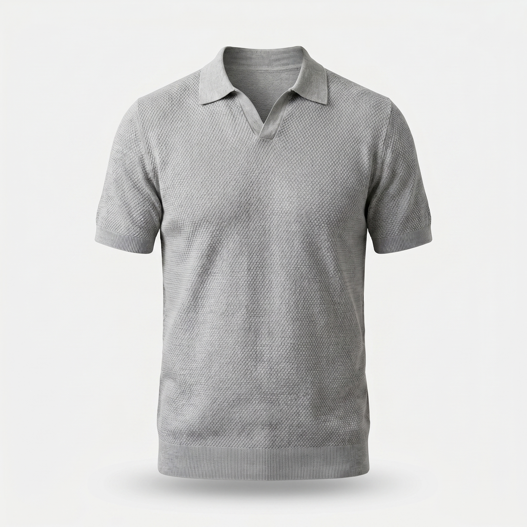 Men's Textured Knit V-Neck Polo with Spread Collar