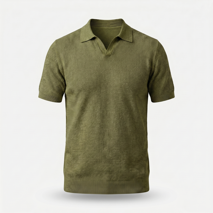 Men's Textured Knit V-Neck Polo with Spread Collar