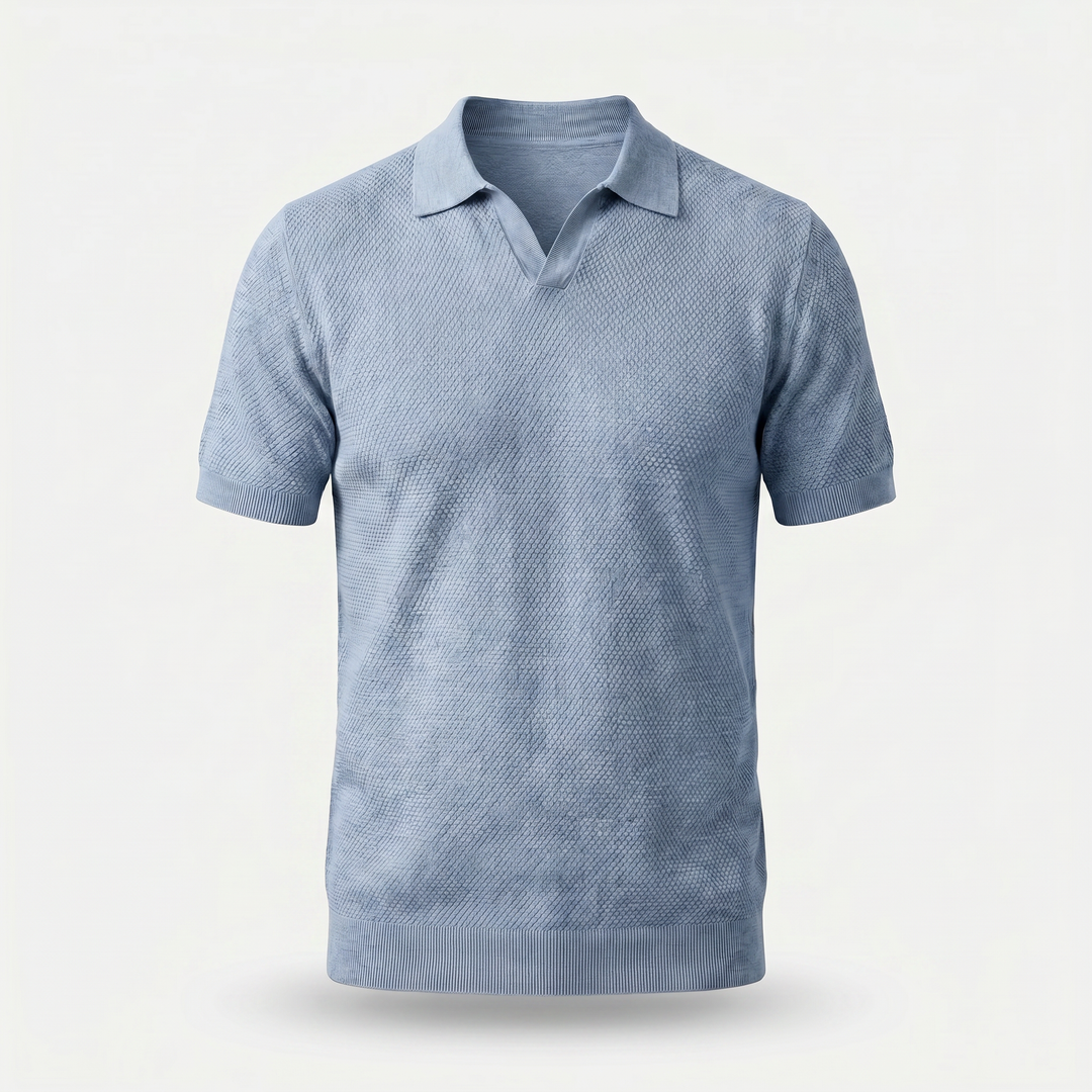 Men's Textured Knit V-Neck Polo with Spread Collar