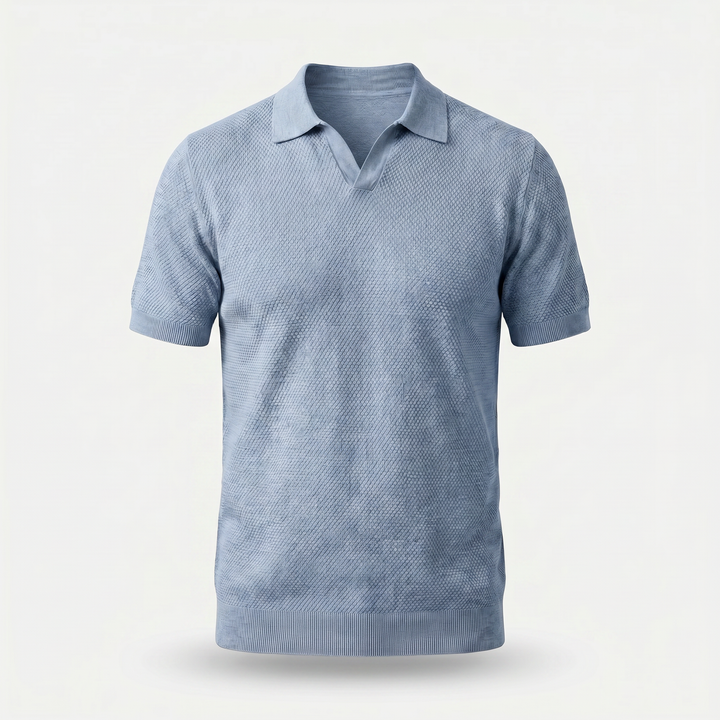 Men's Textured Knit V-Neck Polo with Spread Collar