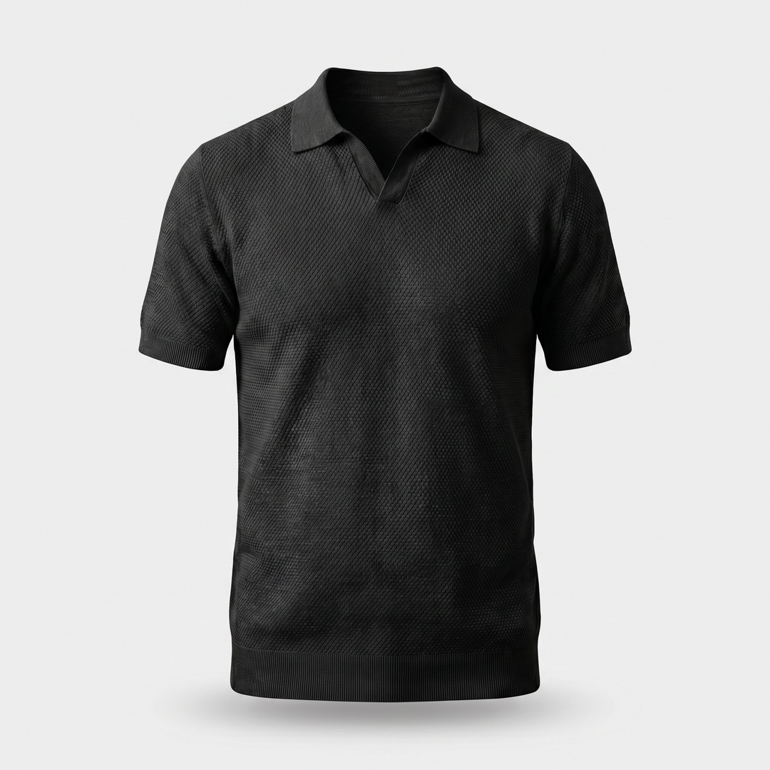 Men's Textured Knit V-Neck Polo with Spread Collar
