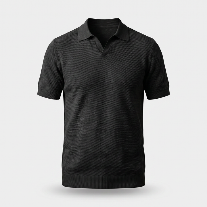Men's Textured Knit V-Neck Polo with Spread Collar