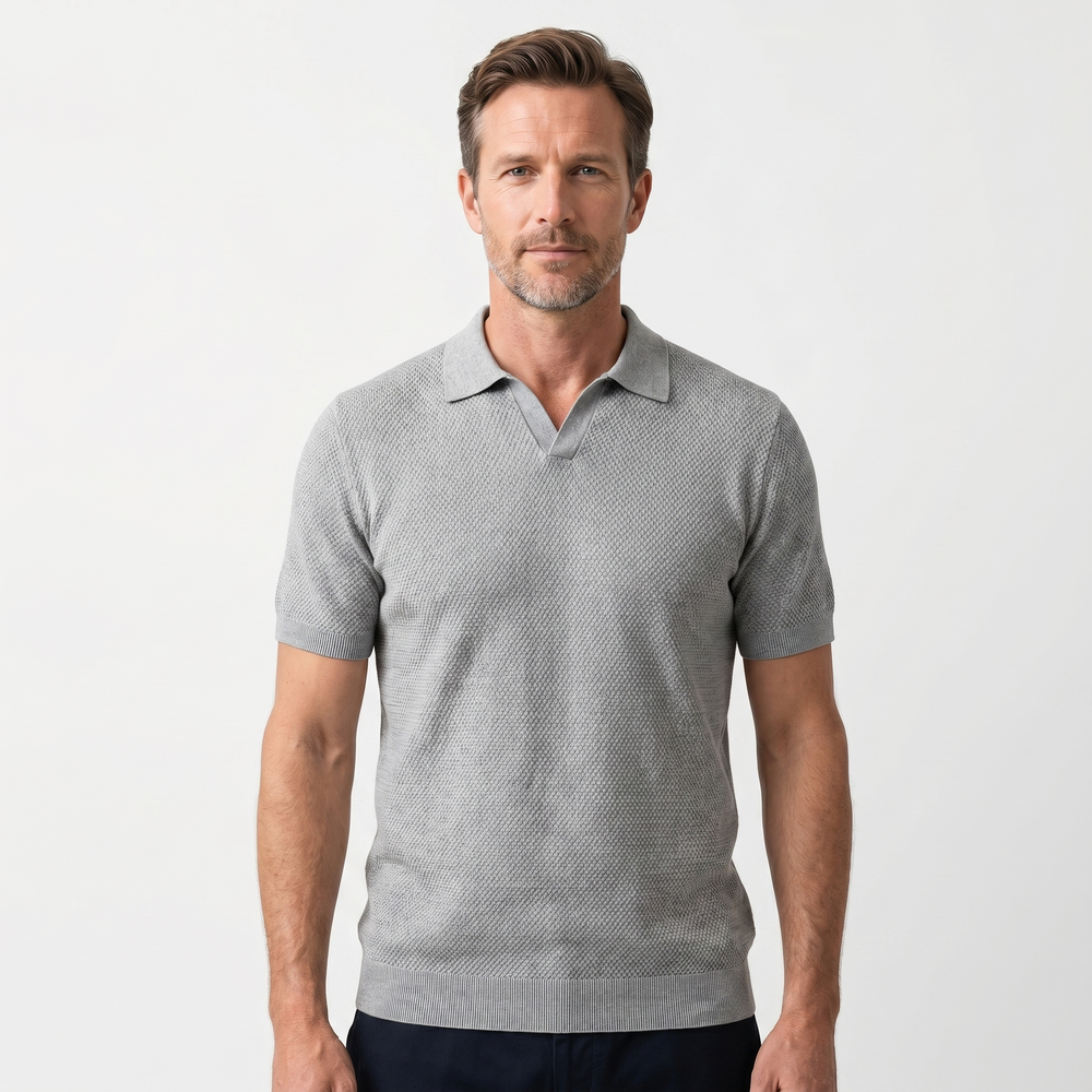 Men's Textured Knit V-Neck Polo with Spread Collar