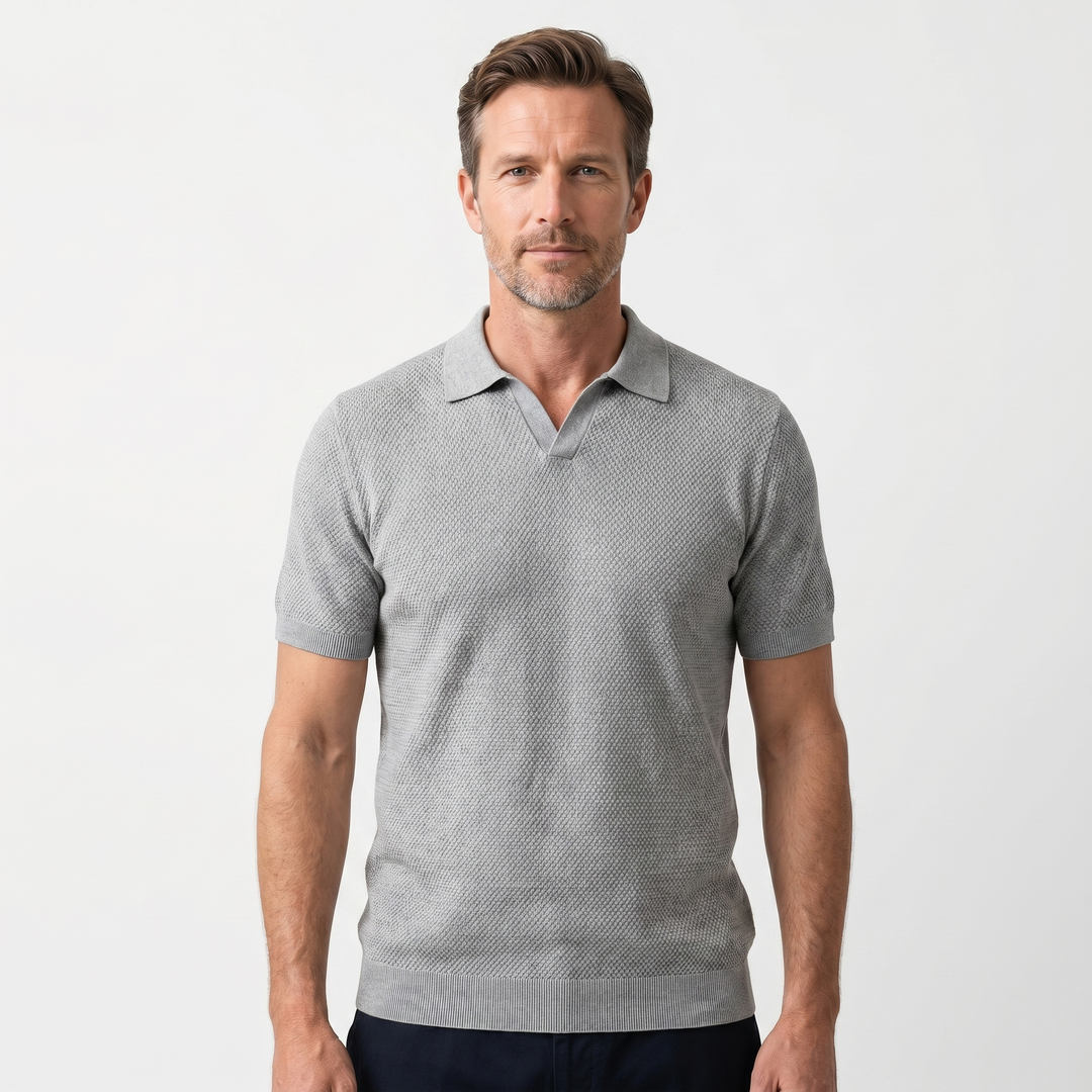 Men's Textured Knit V-Neck Polo with Spread Collar