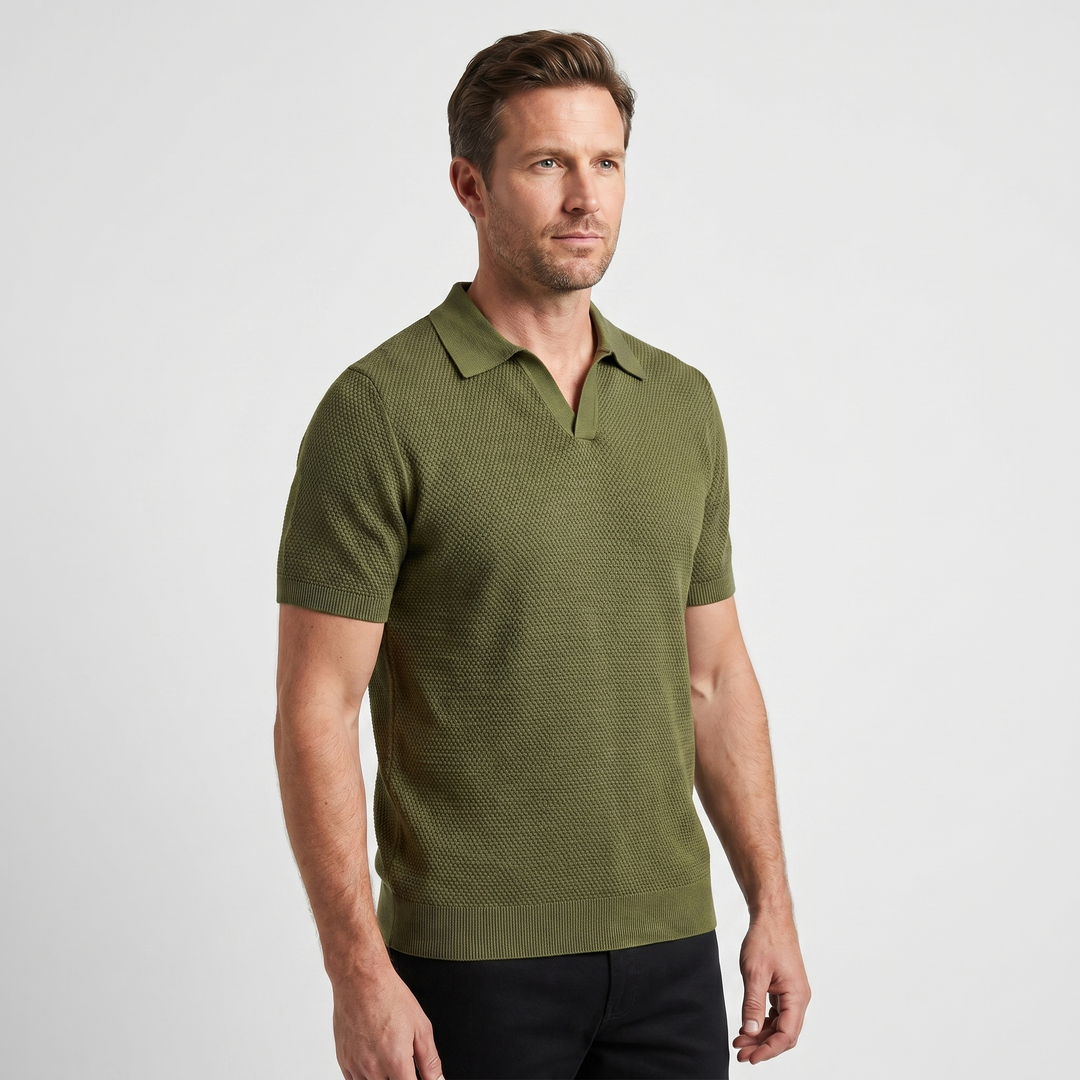 Men's Textured Knit V-Neck Polo with Spread Collar