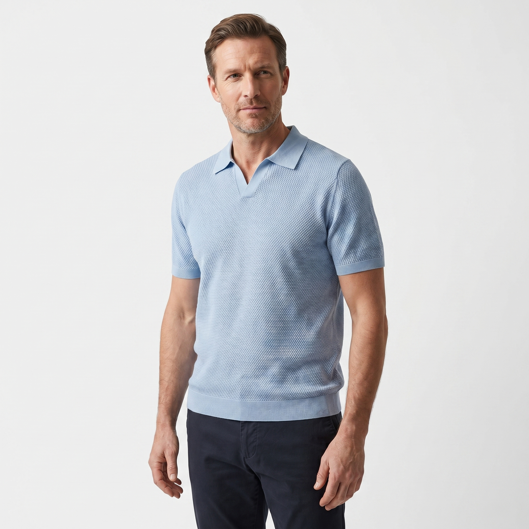 Men's Textured Knit V-Neck Polo with Spread Collar