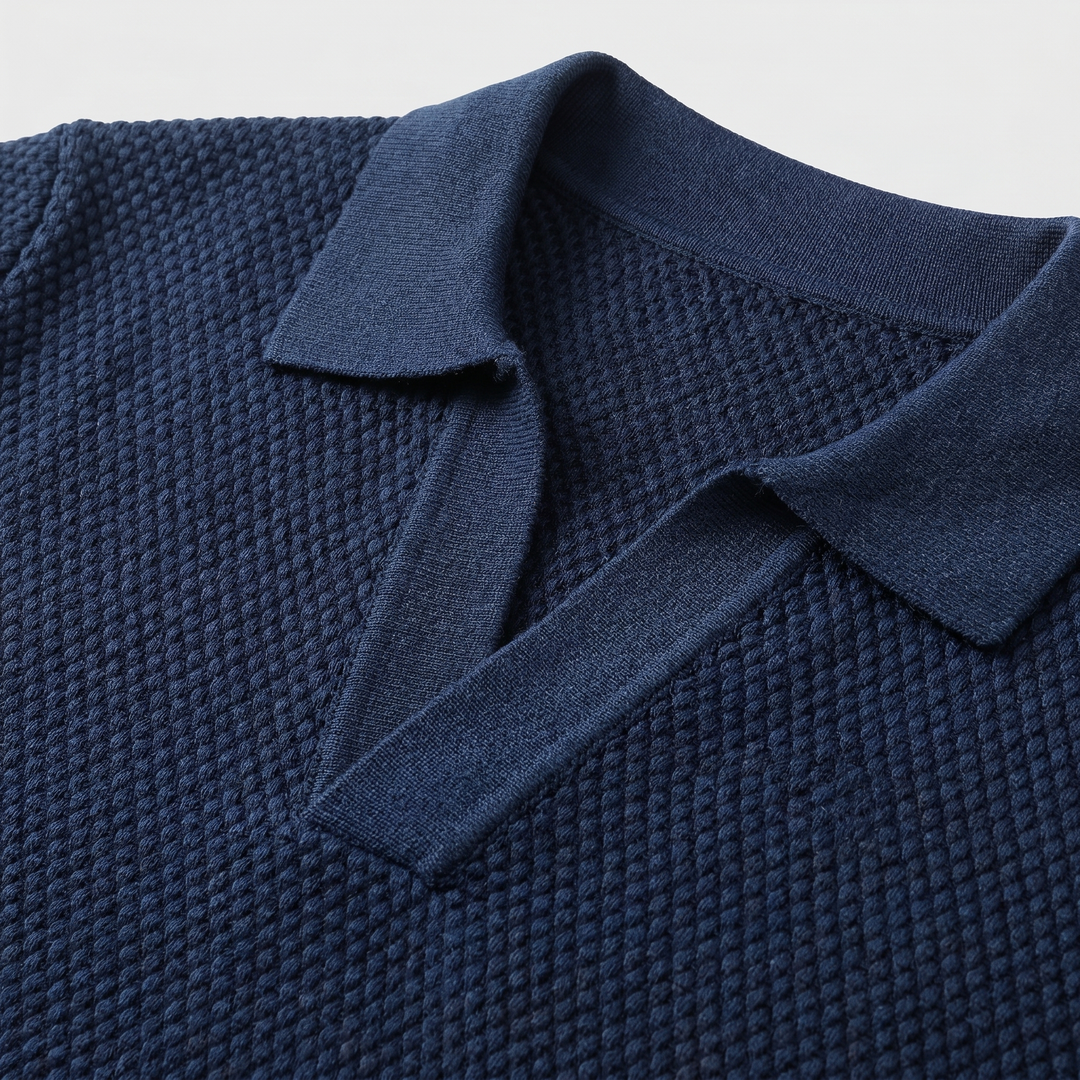 Men's Textured Knit V-Neck Polo with Spread Collar