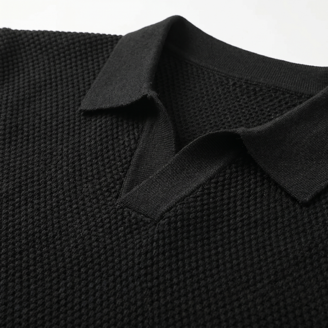 Men's Textured Knit V-Neck Polo with Spread Collar