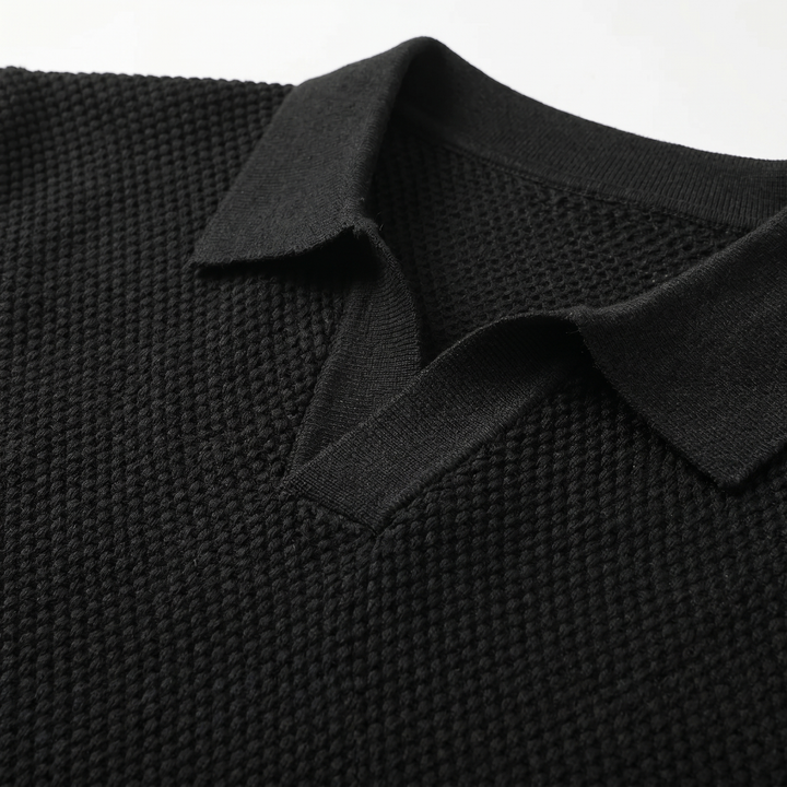 Men's Textured Knit V-Neck Polo with Spread Collar