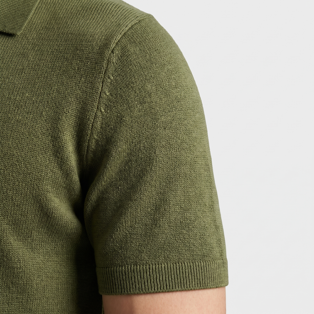 Men's Textured Knit V-Neck Polo with Spread Collar