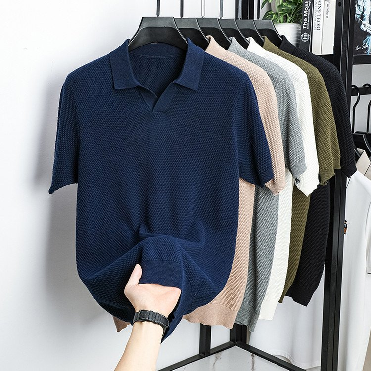Men's Textured Knit V-Neck Polo with Spread Collar