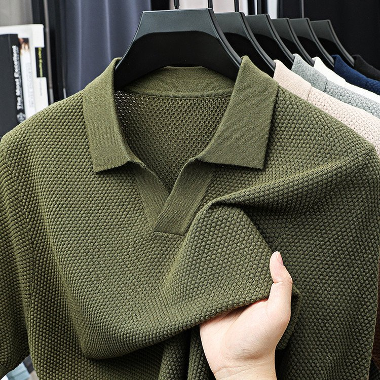 Men's Textured Knit V-Neck Polo with Spread Collar