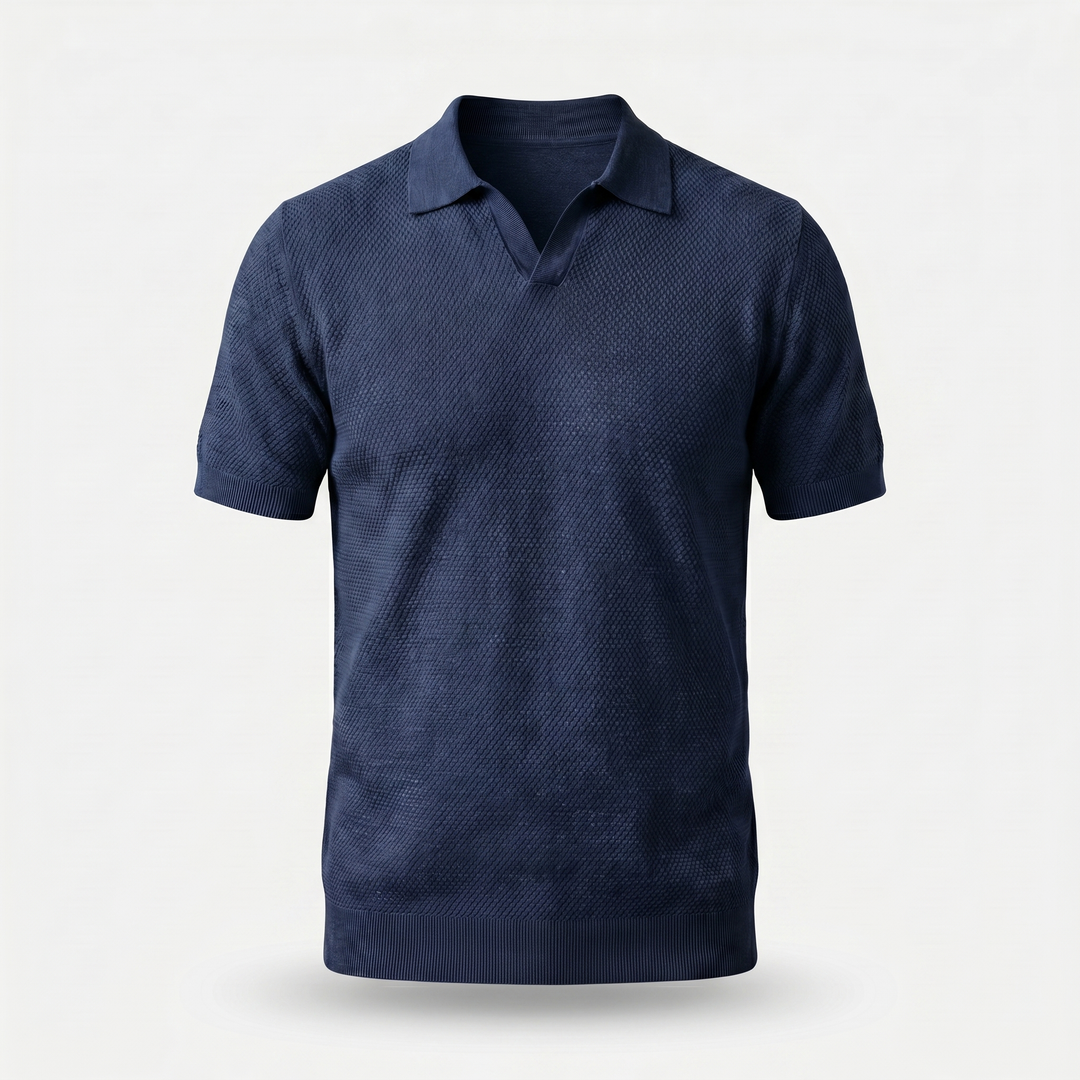 Men's Textured Knit V-Neck Polo with Spread Collar