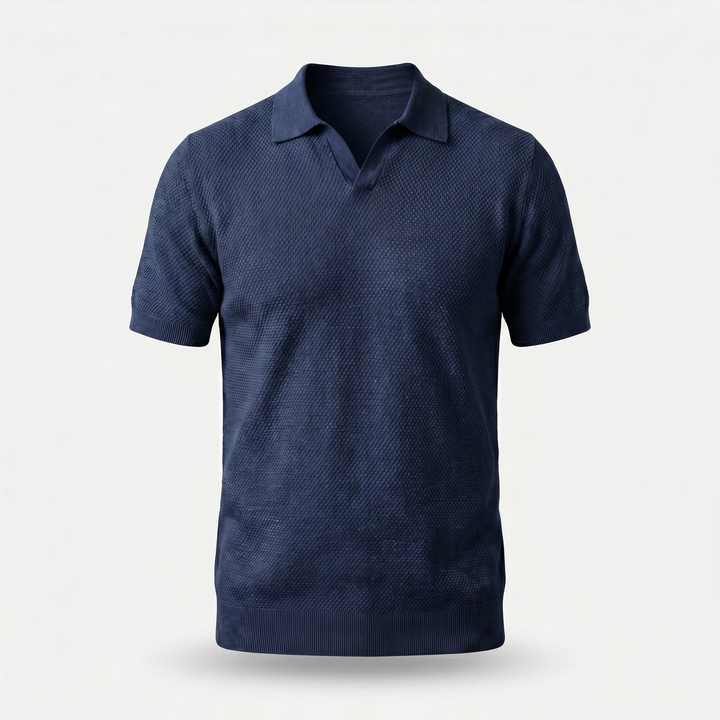 Men's Textured Knit V-Neck Polo with Spread Collar
