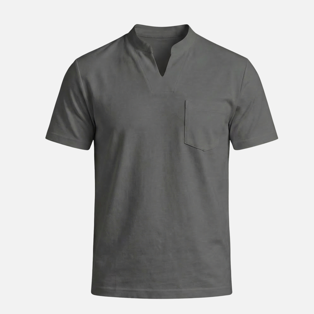 Men's V-Neck Mandarin Collar Shirt with Chest Pocket