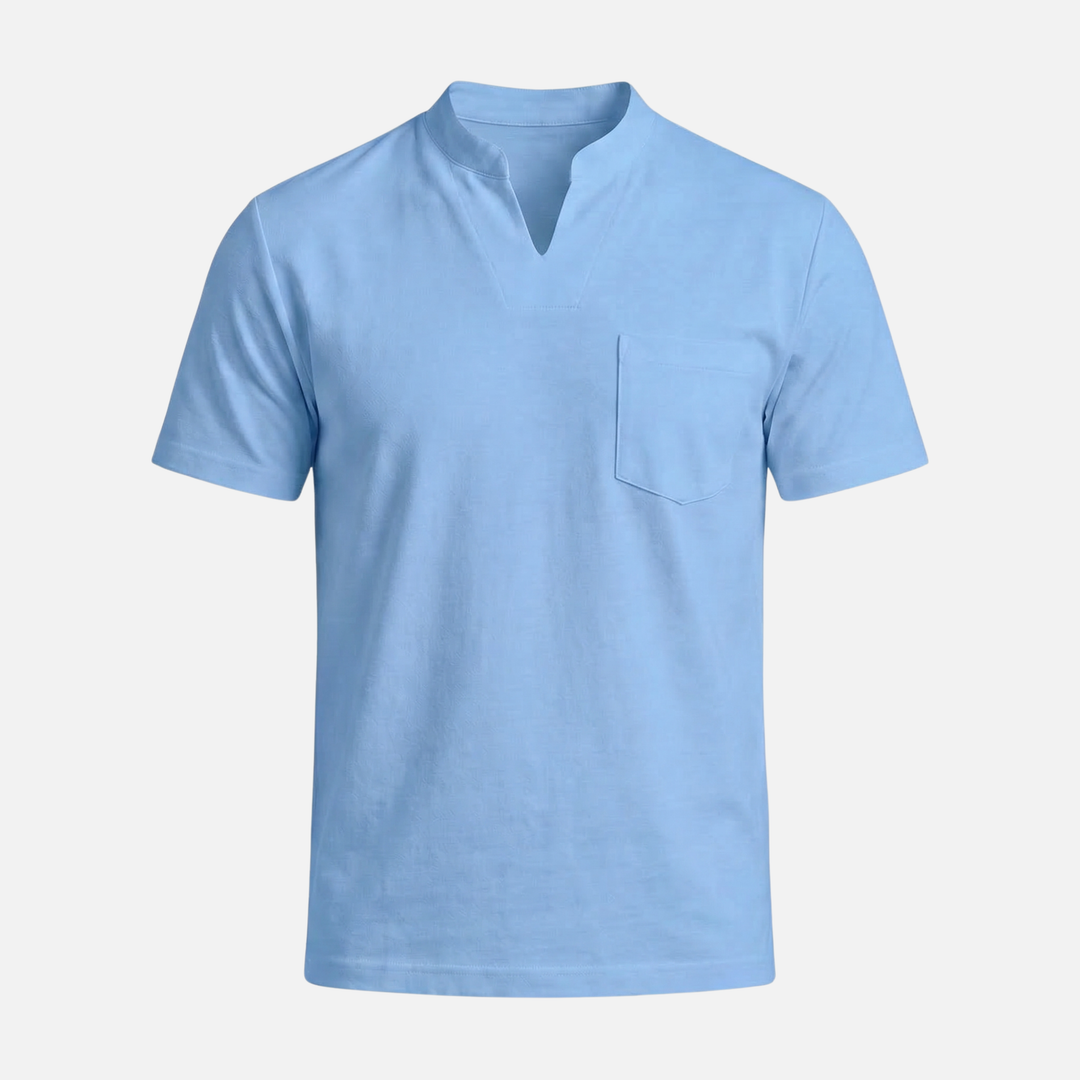 Men's V-Neck Mandarin Collar Shirt with Chest Pocket