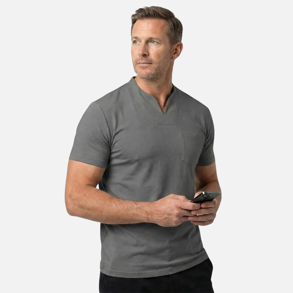 Men's V-Neck Mandarin Collar Shirt with Chest Pocket