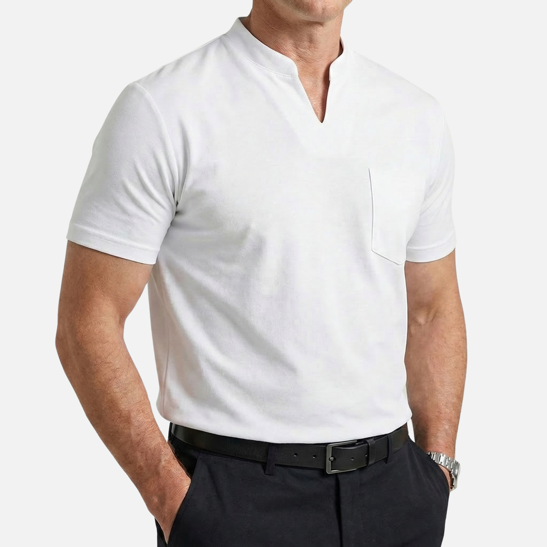 Men's V-Neck Mandarin Collar Shirt with Chest Pocket