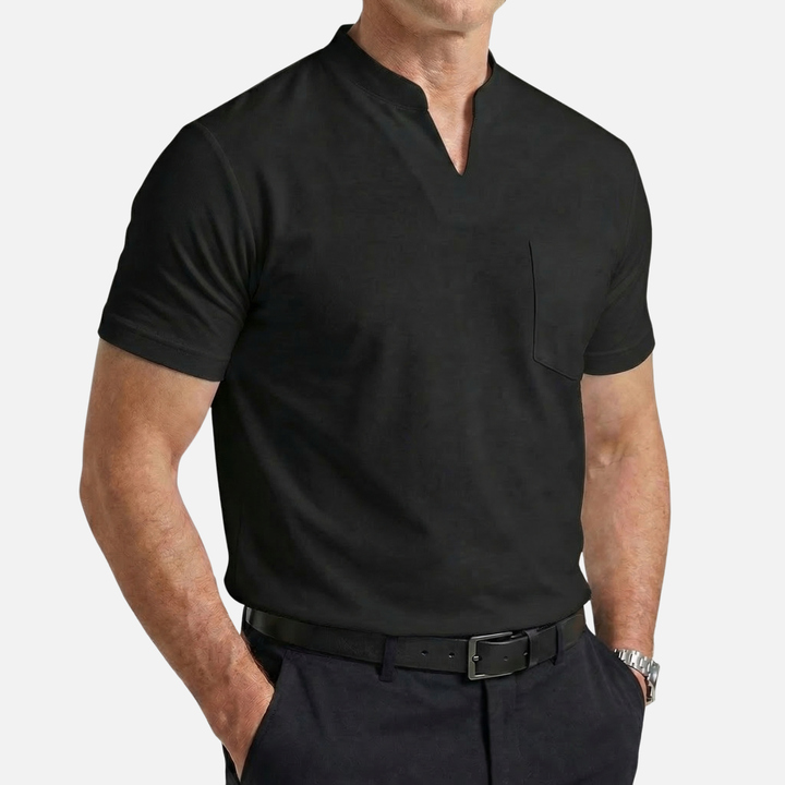 Men's V-Neck Mandarin Collar Shirt with Chest Pocket