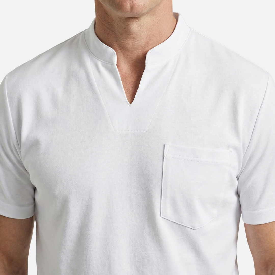 Men's V-Neck Mandarin Collar Shirt with Chest Pocket