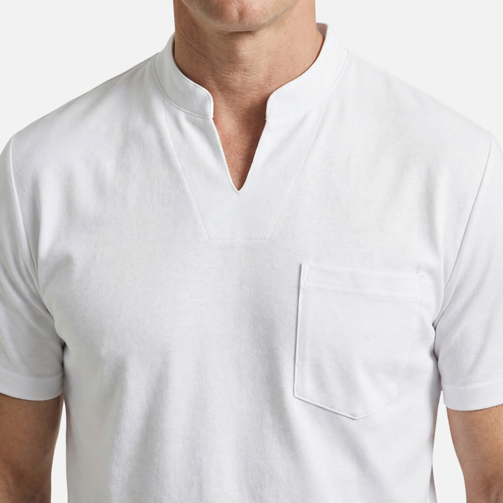 Men's V-Neck Mandarin Collar Shirt with Chest Pocket
