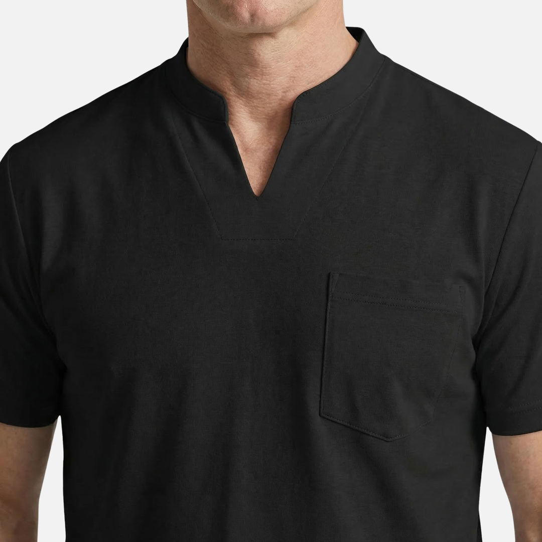 Men's V-Neck Mandarin Collar Shirt with Chest Pocket