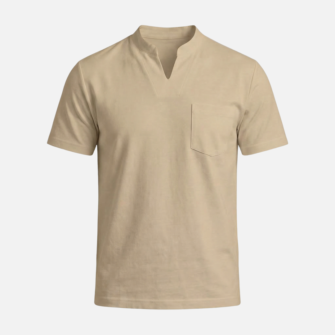 Men's V-Neck Mandarin Collar Shirt with Chest Pocket
