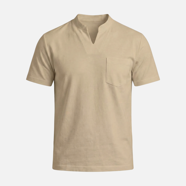 Men's V-Neck Mandarin Collar Shirt with Chest Pocket