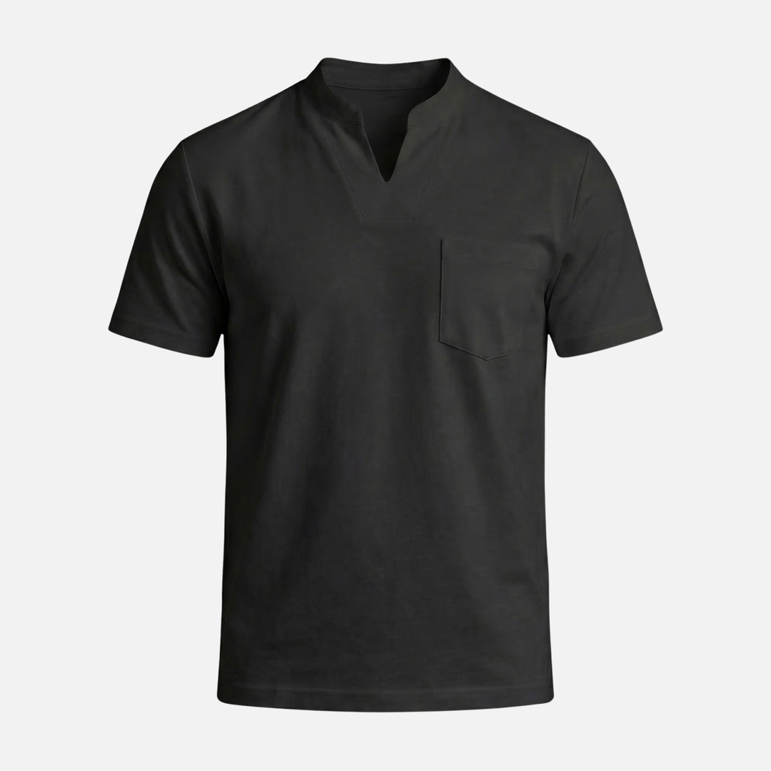Men's V-Neck Mandarin Collar Shirt with Chest Pocket