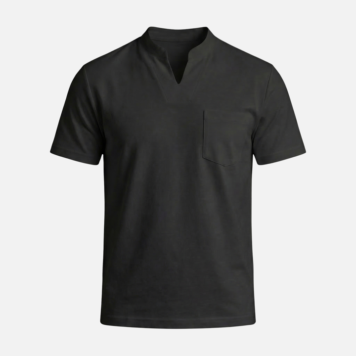 Men's V-Neck Mandarin Collar Shirt with Chest Pocket