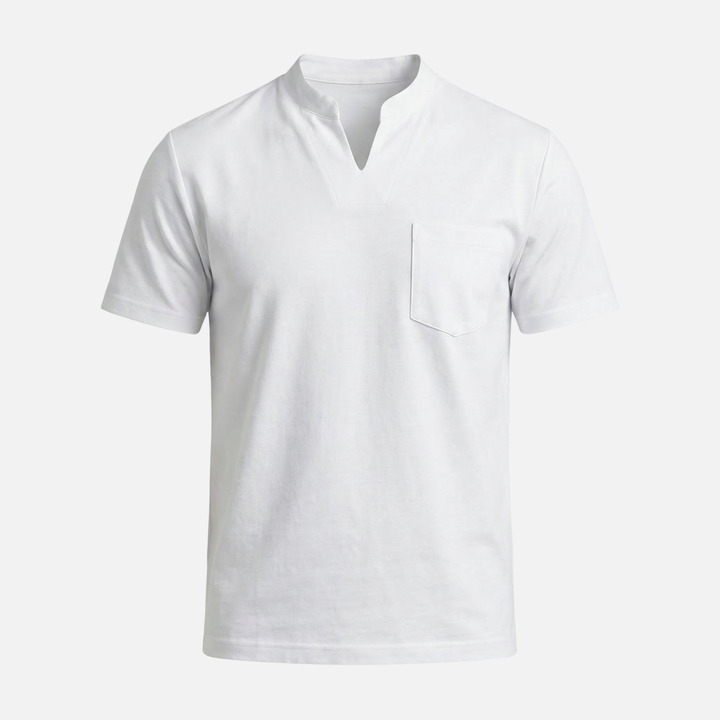 Men's V-Neck Mandarin Collar Shirt with Chest Pocket