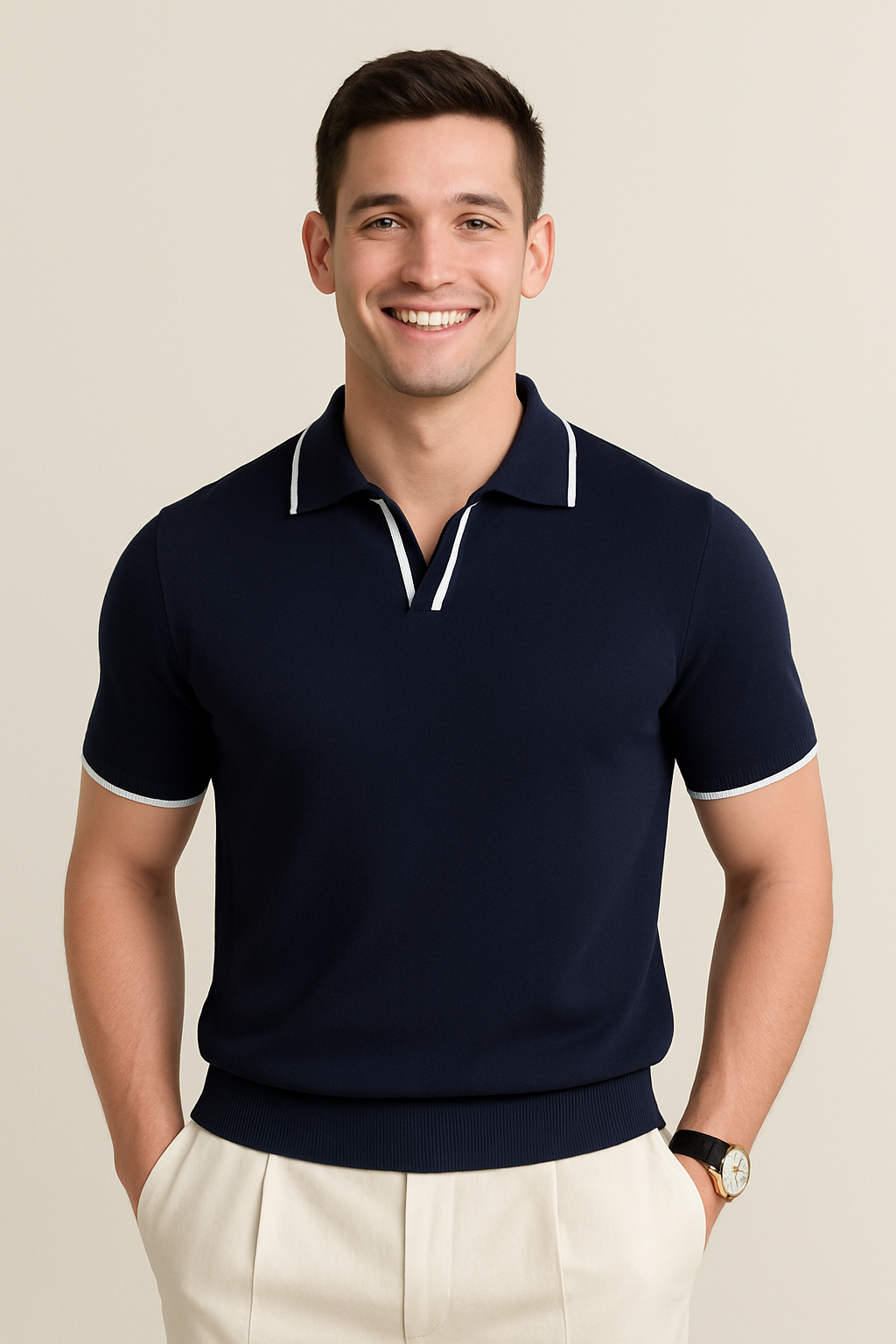 Men's V-Neck Placket Knit Polo Shirt