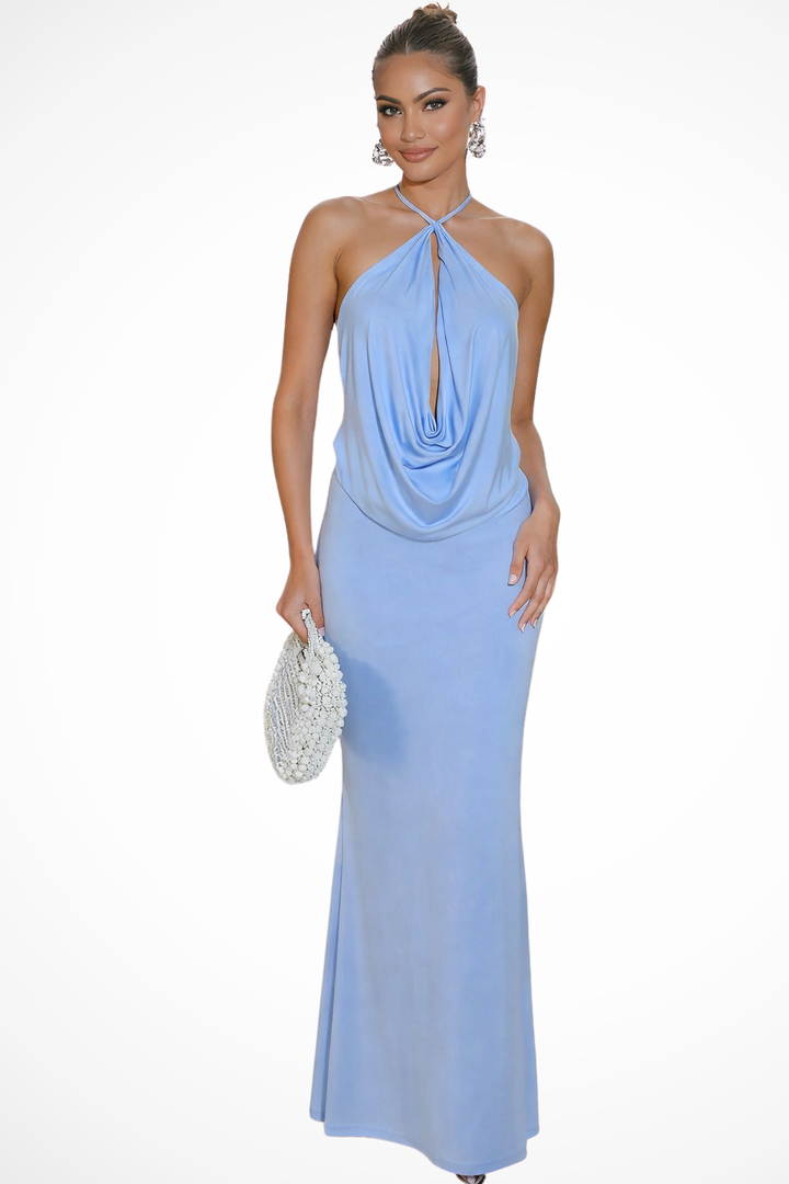 Women's Draped Halter Neck Chiffon Maxi Dress - Summer Beach