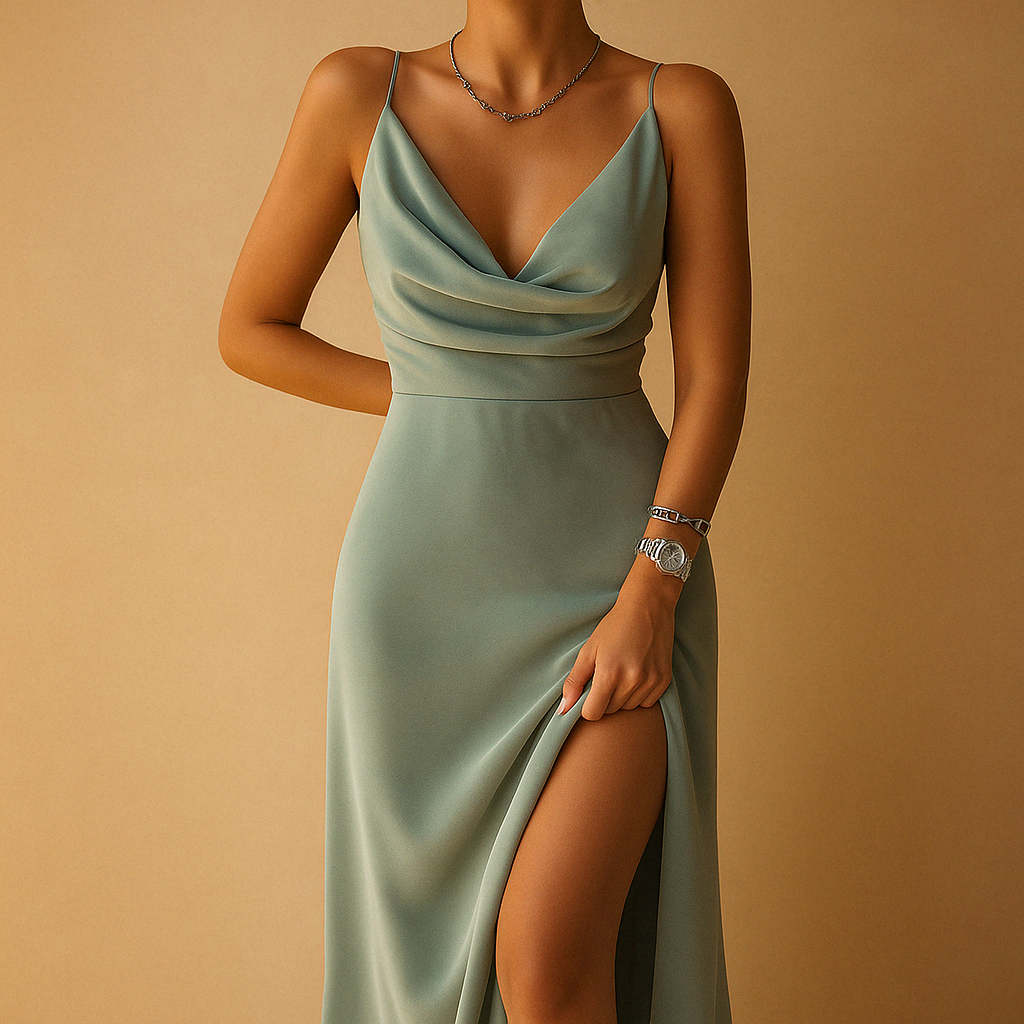 Women's Elegant V-neck Satin Maxi Dress - Summer Evening
