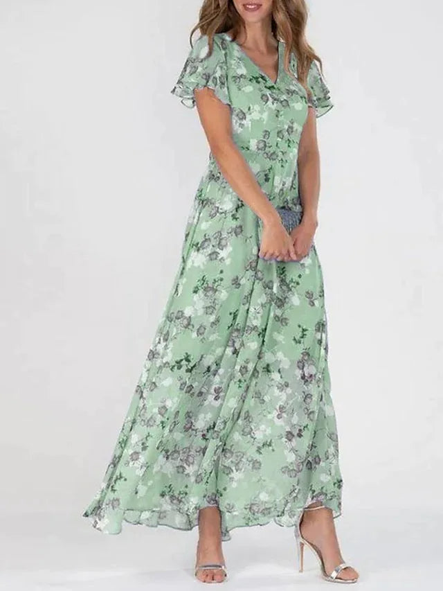 Women's Floral Chiffon Midi Dress - Summer Casual