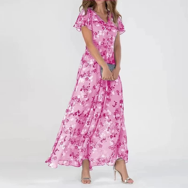 Women's Floral Chiffon Midi Dress - Summer Casual