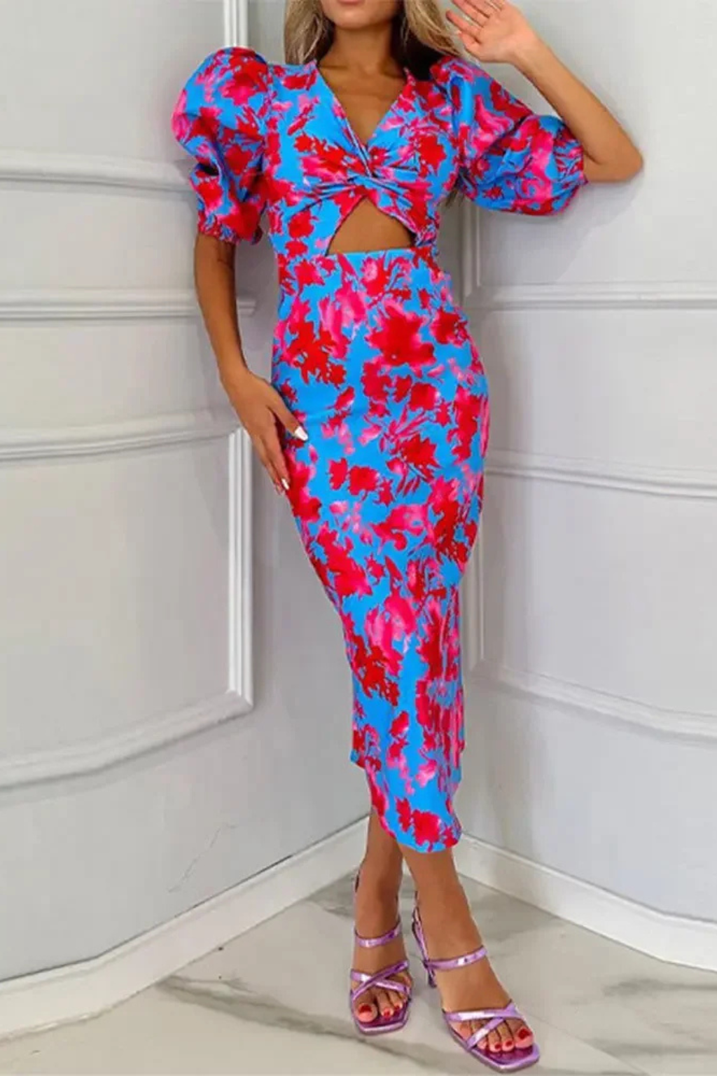 Women's Floral Printed Puff Sleeve Midi Dress - Summer Occasion