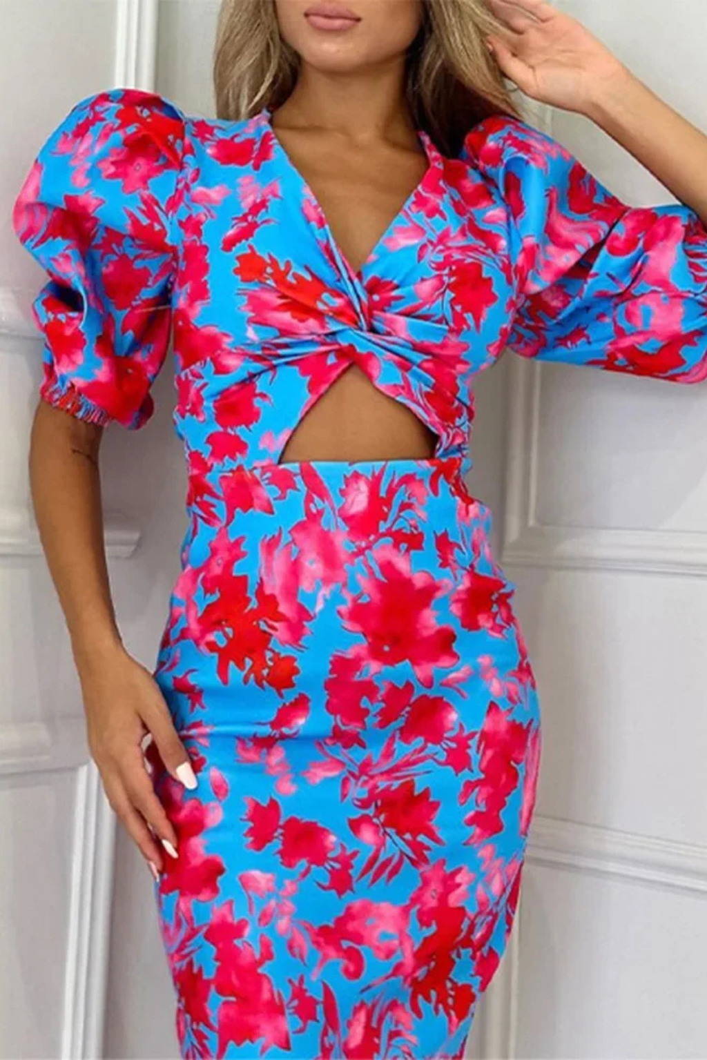 Women's Floral Printed Puff Sleeve Midi Dress - Summer Occasion